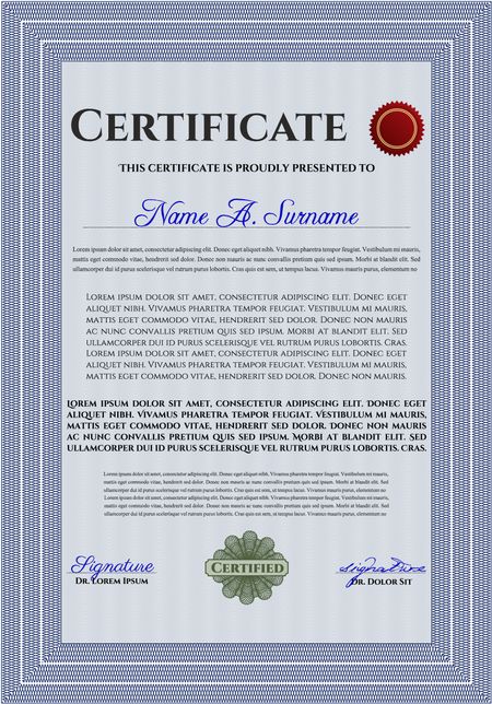 Blue Certificate. Detailed. Complex design. Printer friendly. 