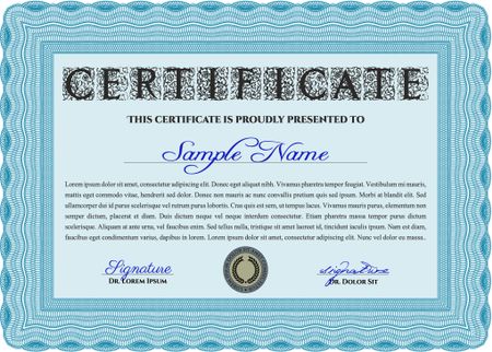 Certificate or diploma template. With background. Good design. Border, frame. Light blue color.