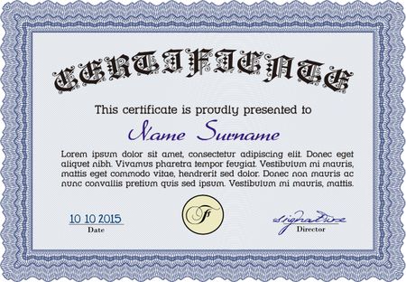 Certificate or diploma template. With background. Good design. Border, frame. Blue color.