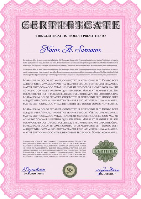 Pink Diploma template. With complex background. Vector illustration. Lovely design. 