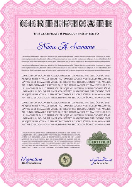 Pink Diploma template. With complex background. Vector illustration. Lovely design.