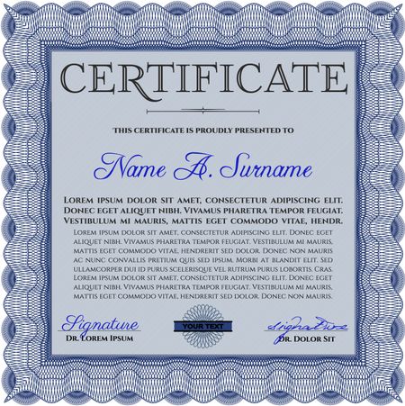 Blue Diploma template. With complex background. Vector illustration. Lovely design. 