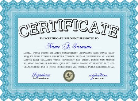 Certificate template. Printer friendly. Detailed. Nice design. Light blue color.
