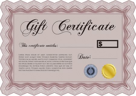 Formal Gift Certificate template. With guilloche pattern. Retro design. 