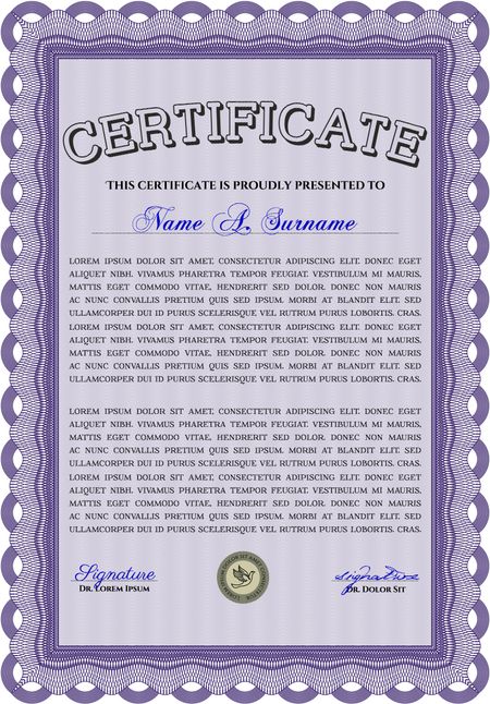 Violet Diploma or certificate template. Vector illustration. With complex background. Lovely design. 