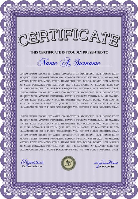 Violet Diploma or certificate template. Vector illustration. With complex background. Lovely design.