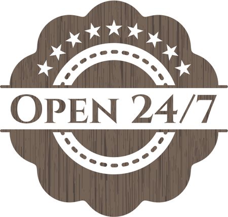 Open 24/7 wooden emblem. Retro