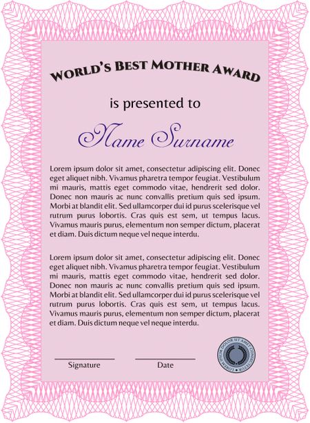 Best Mom Award Template. Vector illustration. With complex linear background. Artistry design. 
