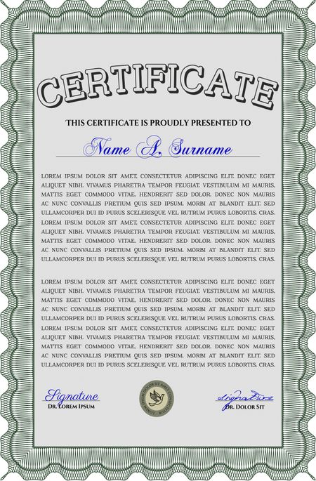 Green Certificate template or diploma template. Vector pattern that is used in currency and diplomas.Complex background. Superior design. 