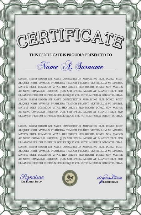 Green Certificate template or diploma template. Vector pattern that is used in currency and diplomas.Complex background. Superior design.