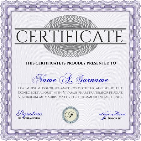 Diploma template. Excellent design. Vector illustration. With complex background. Violet color.