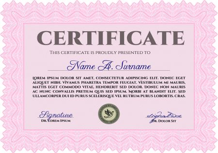 Pink Certificate template. Easy to print. Customizable, Easy to edit and change colors. Cordial design. 