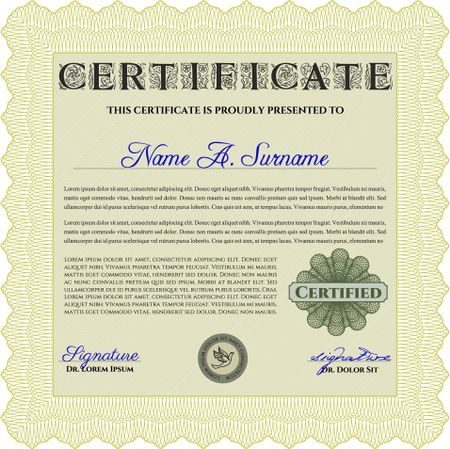 Diploma template or certificate template. Artistry design. With quality background. Vector pattern that is used in money and certificate. Yellow color.