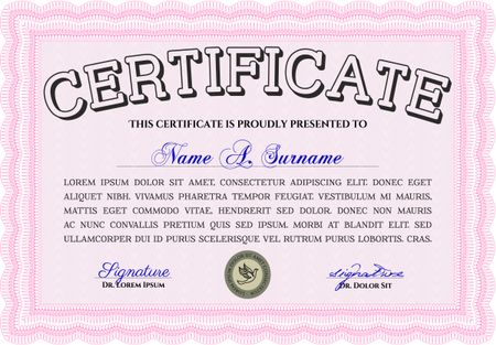 Pink Diploma. Border, frame. Excellent design. With background. 