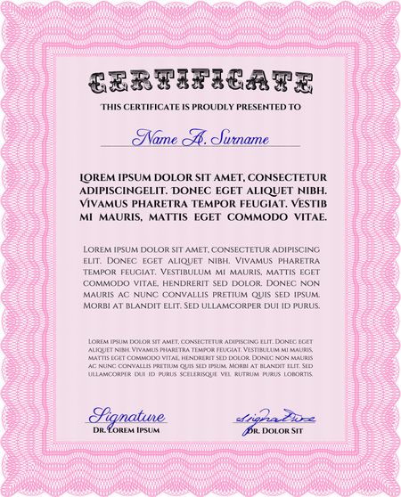Certificate template or diploma template. Complex background. Vector pattern that is used in currency and diplomas.Beauty design. Pink color.