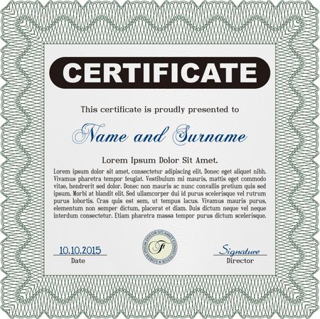 Certificate. Printer friendly. Detailed. Complex design. Green color.