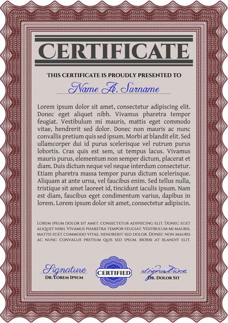 Certificate template. Cordial design. Easy to print. Customizable, Easy to edit and change colors. Red color.