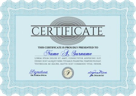 Diploma. With background. Border, frame. Excellent design. Light blue color.