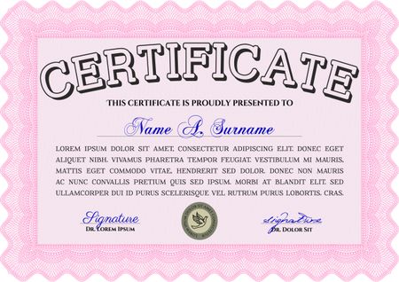 Pink Certificate or diploma template. Easy to print. Cordial design. Customizable, Easy to edit and change colors. 