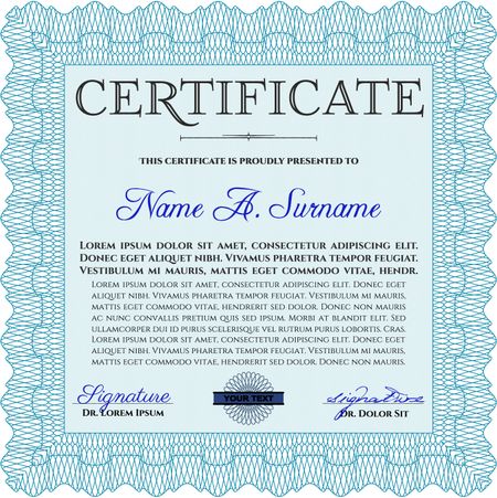 Light blue Certificate or diploma template. Customizable, Easy to edit and change colors. Cordial design. Easy to print. 