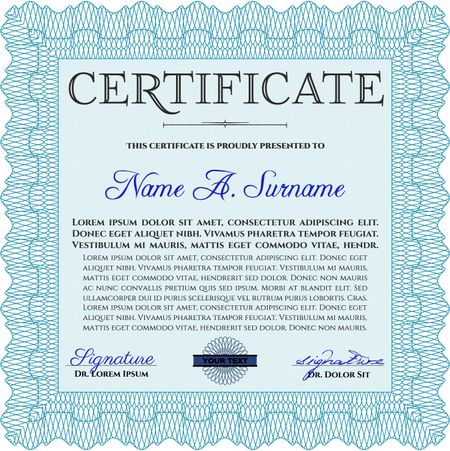 Light blue Certificate or diploma template. Customizable, Easy to edit and change colors. Cordial design. Easy to print.