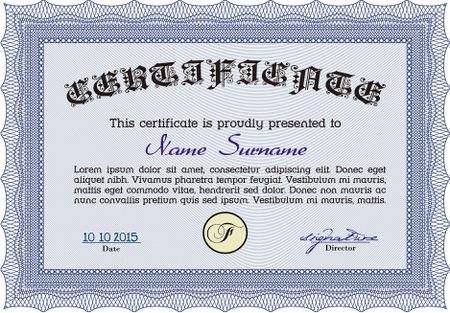 Blue Certificate or diploma template. Customizable, Easy to edit and change colors. Cordial design. Easy to print. 