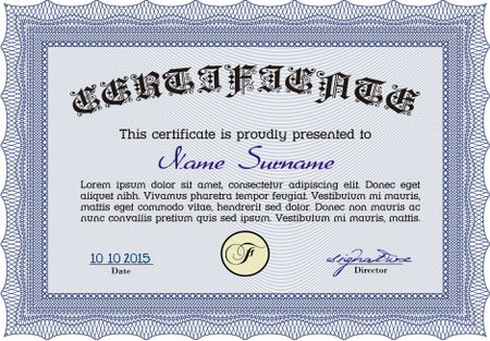 Blue Certificate or diploma template. Customizable, Easy to edit and change colors. Cordial design. Easy to print.