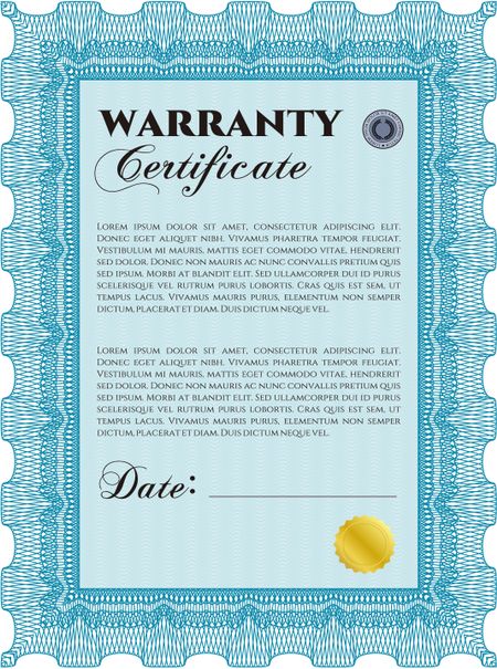 Template Warranty certificate. With quality background. Border, frame. Superior design. 