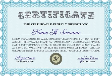 Light blue Certificate template or diploma template. Complex background. Beauty design. Vector pattern that is used in currency and diplomas.