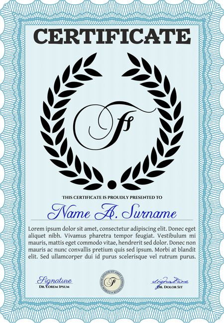 Diploma template. Vector illustration. With complex background. Excellent design. Light blue color.