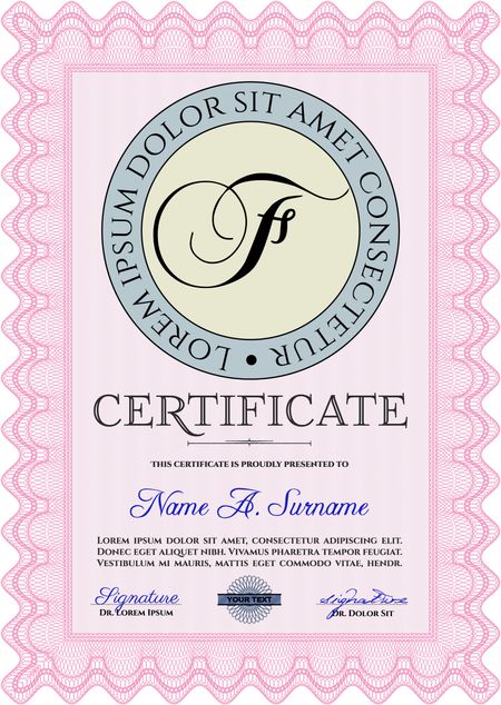Pink Certificate template or diploma template. Beauty design. Vector pattern that is used in currency and diplomas.Complex background. 