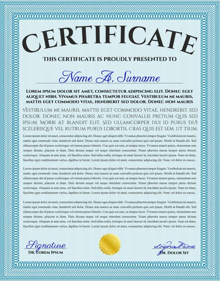 Certificate template or diploma template. Superior design. Vector pattern that is used in currency and diplomas.Complex background. Light blue color.