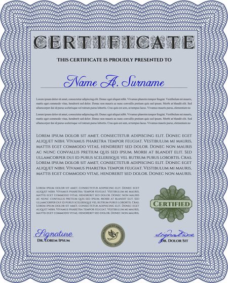 Certificate or diploma template. Customizable, Easy to edit and change colors. Cordial design. Easy to print. Blue color.