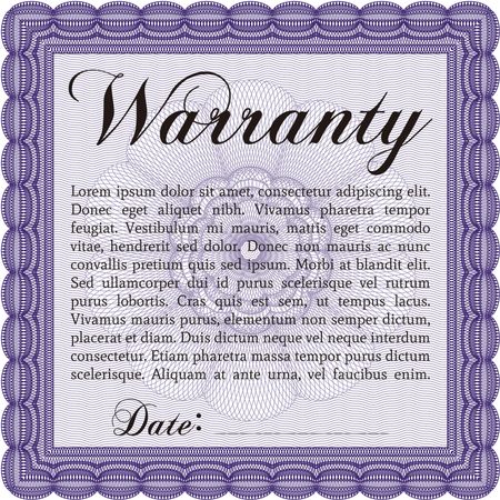 Sample Warranty certificate. With guilloche pattern and background. Excellent complex design. Vector illustration.