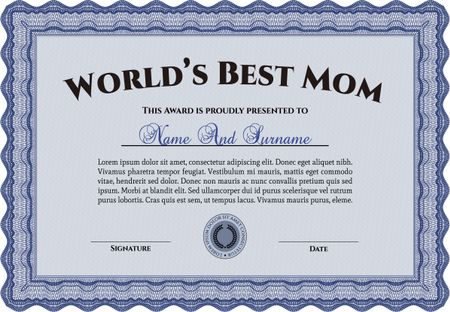 Best Mom Award Template. With guilloche pattern and background. Excellent complex design. Vector illustration. 