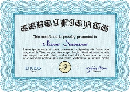 Light blue Certificate. Complex design. Printer friendly. Detailed. 