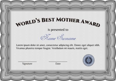 Best Mother Award Template. Vector illustration. With guilloche pattern and background. Elegant design. 