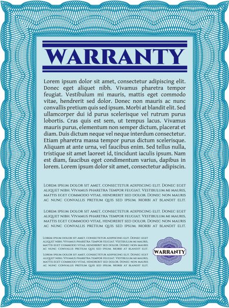 Sample Warranty certificate template. Vector illustration. With guilloche pattern and background. Elegant design. 