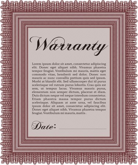 Sample Warranty certificate template. Elegant design. Vector illustration. With guilloche pattern and background. 