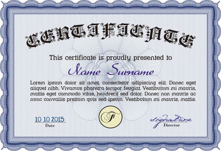 Diploma template. Excellent design. With complex background. Vector illustration. Blue color.