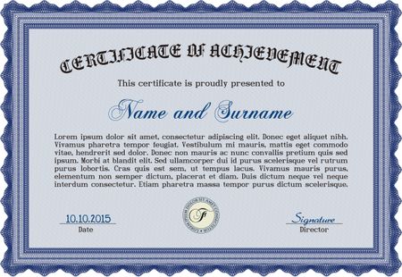 Blue Certificate. Detailed. Complex design. Printer friendly.