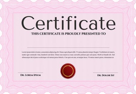 Sample Certificate. With quality background. Vector pattern that is used in money and certificate. Artistry design. Pink color.