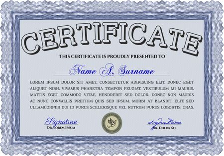 Certificate or diploma template. Cordial design. Customizable, Easy to edit and change colors. Easy to print. Blue color.