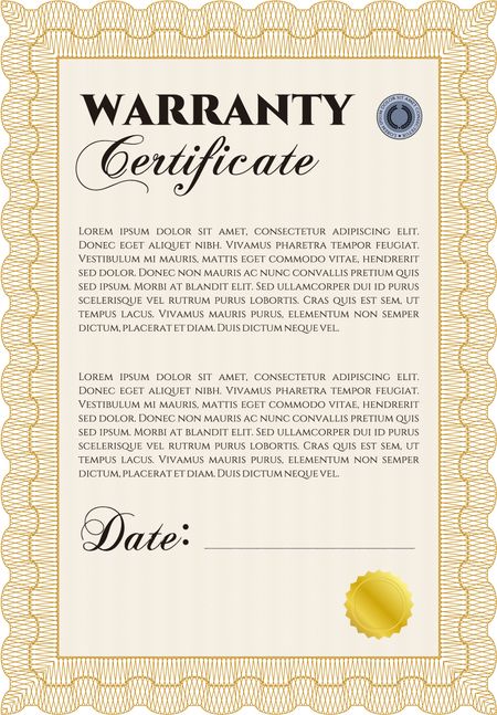 Sample Warranty certificate. With complex linear background. Excellent complex design. Vector illustration. 
