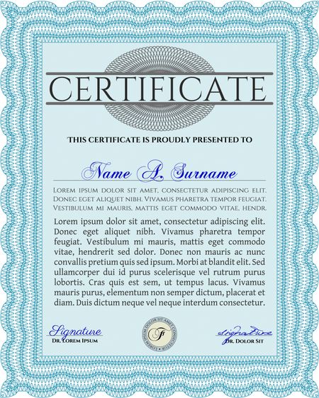 Light blue Diploma or certificate template. Lovely design. With complex background. Vector illustration. 