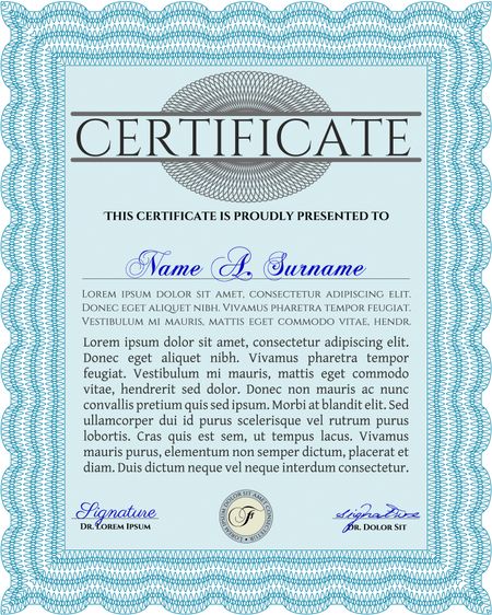 Light blue Diploma or certificate template. Lovely design. With complex background. Vector illustration.