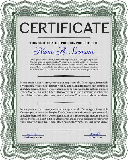 Certificate template. Nice design. Easy to print. Customizable, Easy to edit and change colors. Green color.