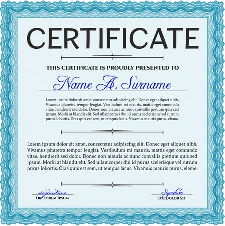 Certificate or diploma template. Customizable, Easy to edit and change colors. Easy to print. Cordial design. Light blue color.