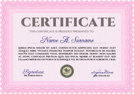 Pink Certificate or diploma template. Cordial design. Easy to print. Customizable, Easy to edit and change colors. 