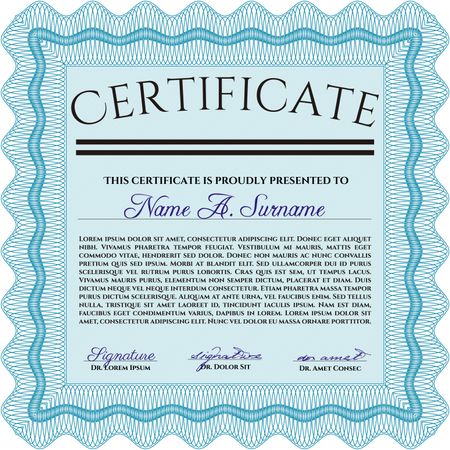 Light blue Diploma template or certificate template. Complex background. Beauty design. Vector pattern that is used in currency and diplomas.